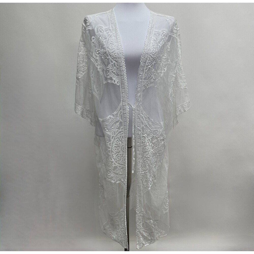 Highness Women's Long Cardigan Top Lace One Size Fits‎ All White Sheer
